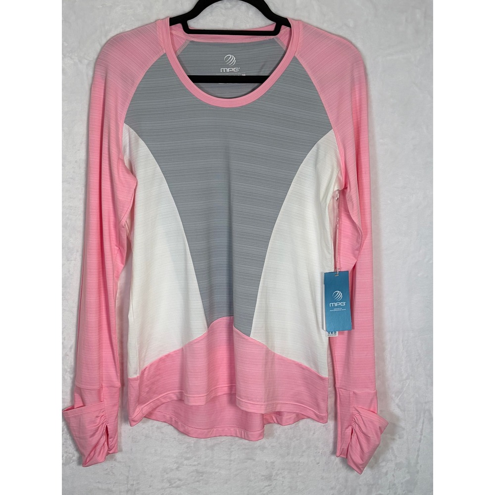 MPG Sport Womens Active Top Long Sleeve Thumbhole Large Pink Grey Colorblock NEW
